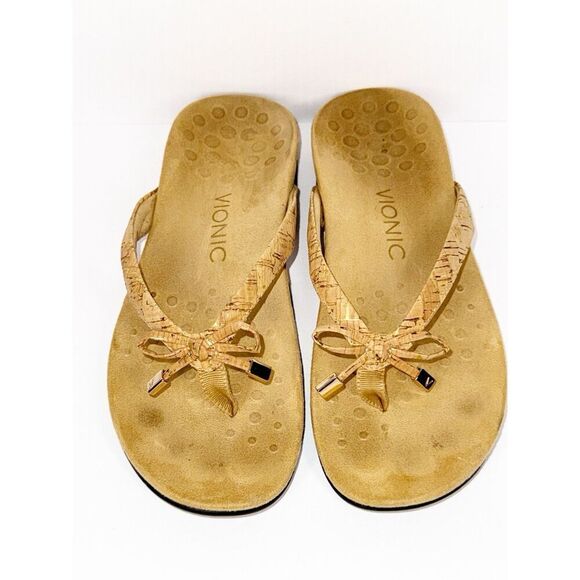 Vionic Bella Sandal Beige Neutral Flip Flop Bow Gold Cork Toe Post Comfort Sz 6 - Picture 5 of 16